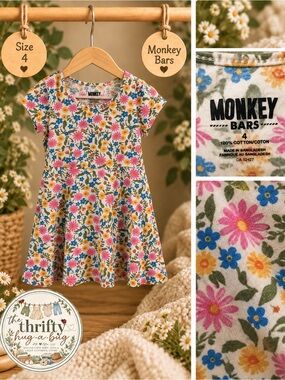 Monkey Bars Girls Floral Fit & Flare Dress Size 4 | 100% Cotton